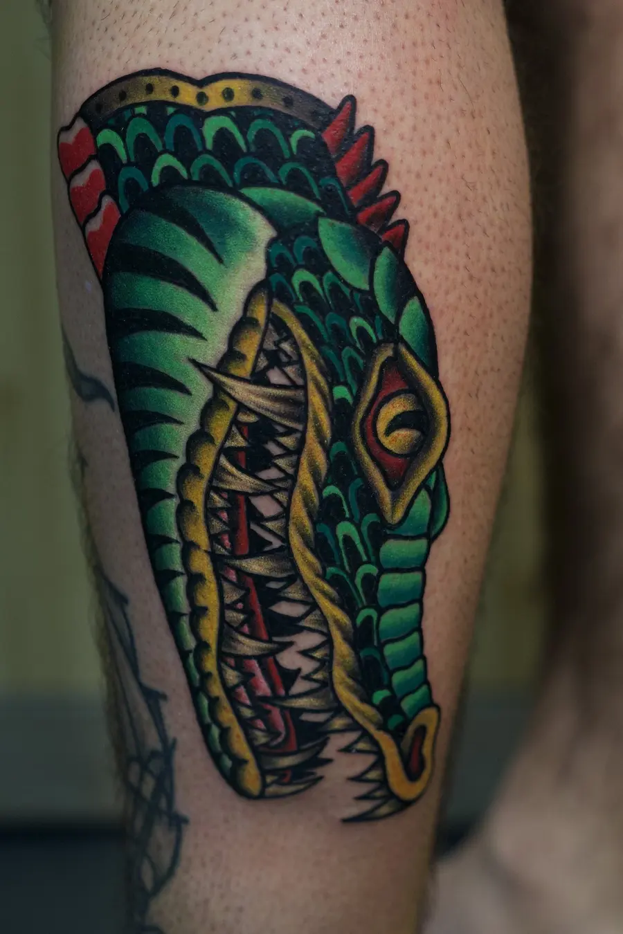 Bold full-color creature head tattoo in green, red, and gold on a leg, by Clayton Parnell, West Palm Beach