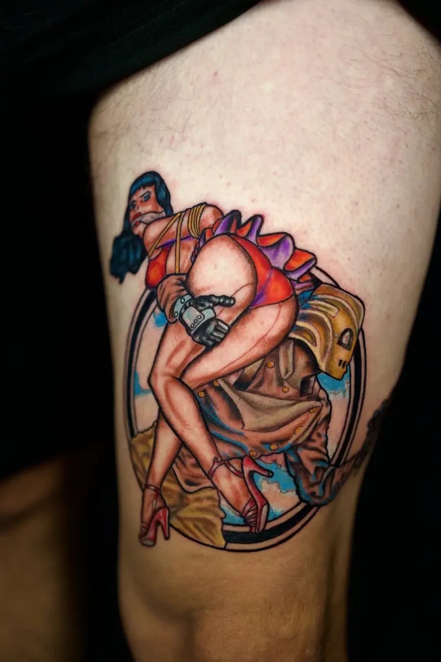 Full-color tattoo of a woman with blue hair by Clayton Parnell, West Palm Beach